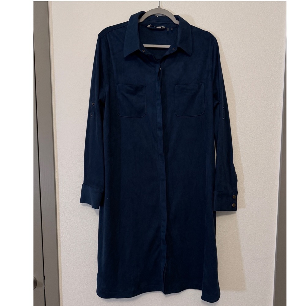 Soft Surroundings Blue Faux Suede Shirt Dress XL Roll Tab Sleeve Utility  u3